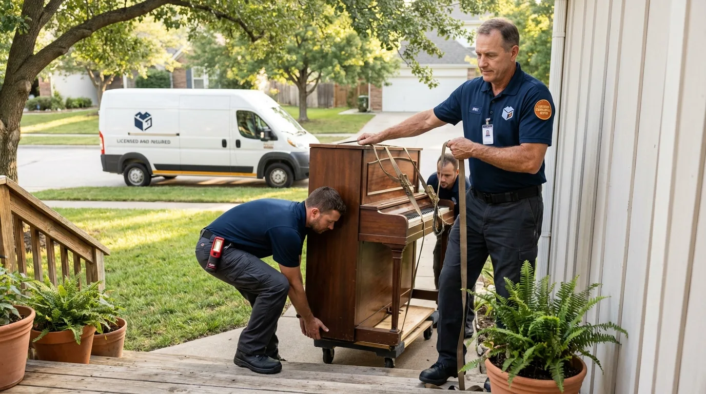 Licensed piano movers securing grand piano in Brookville, OH