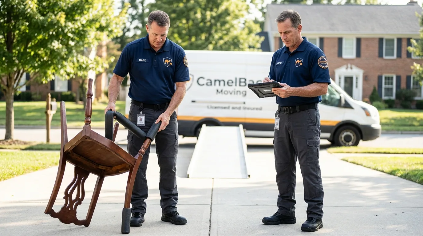 Movers inspecting furniture for damage prevention before loading in Brookville, OH