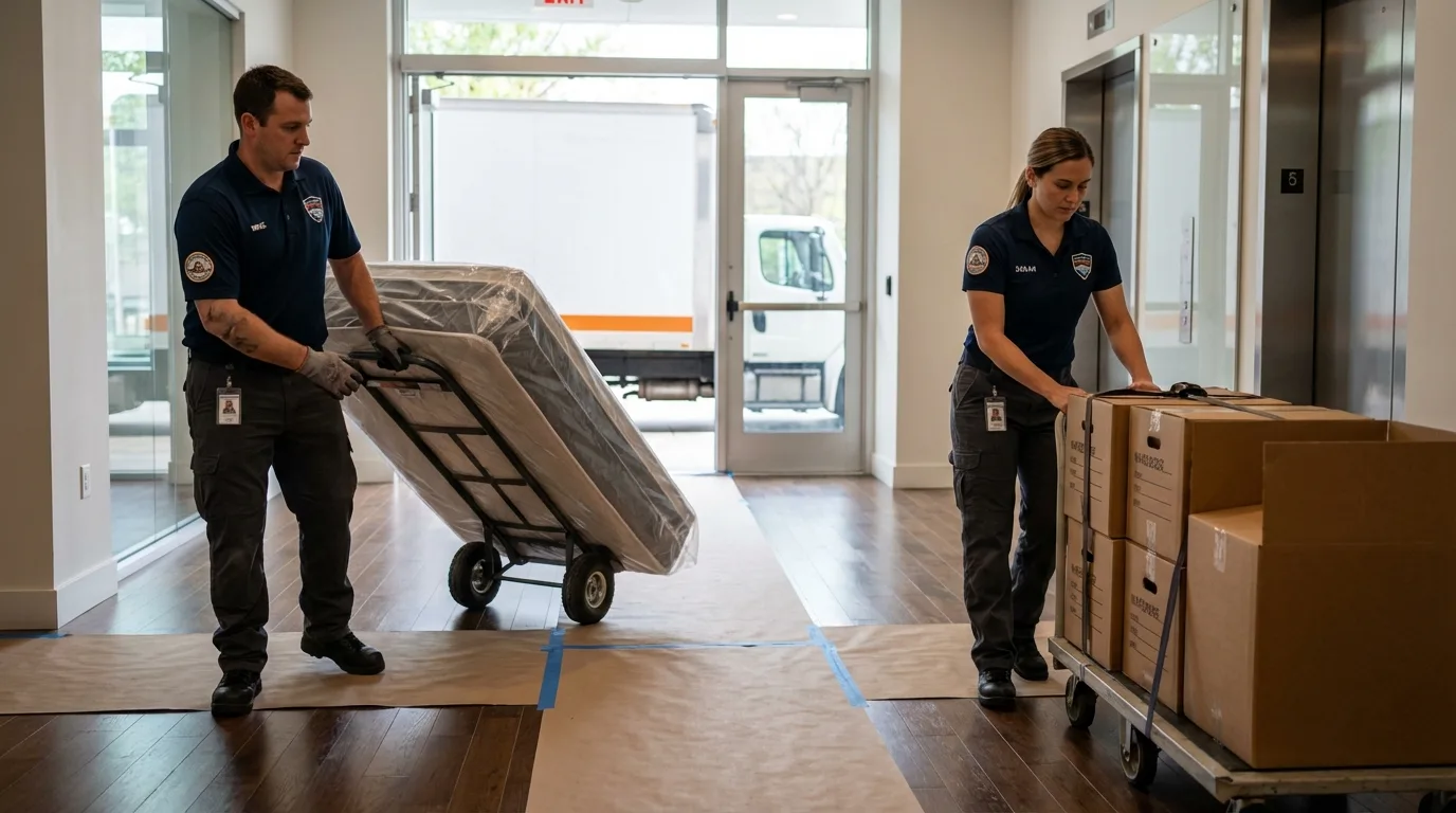 Professional apartment movers loading elevator in Brookville, OH