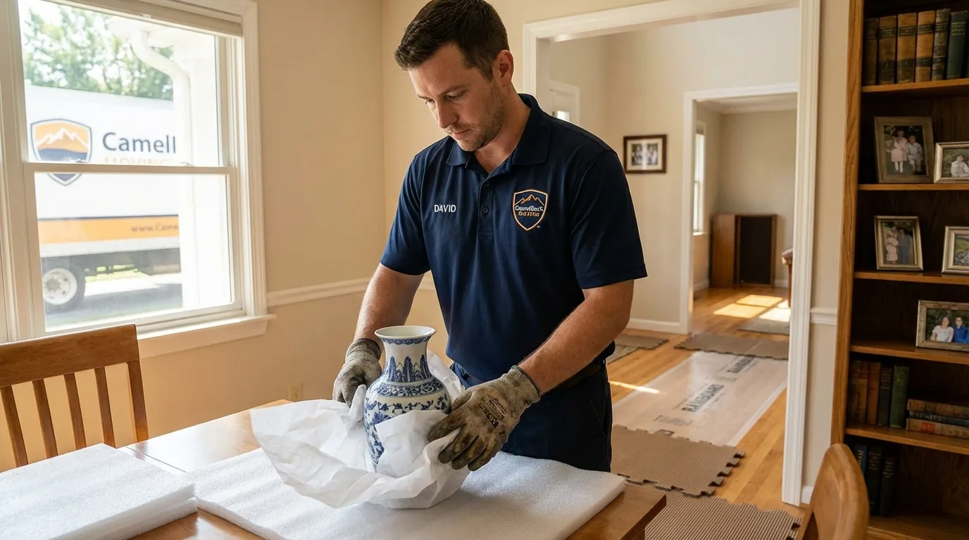 Professional crew carefully wrapping antique vase for senior downsizing move in Brookville, OH