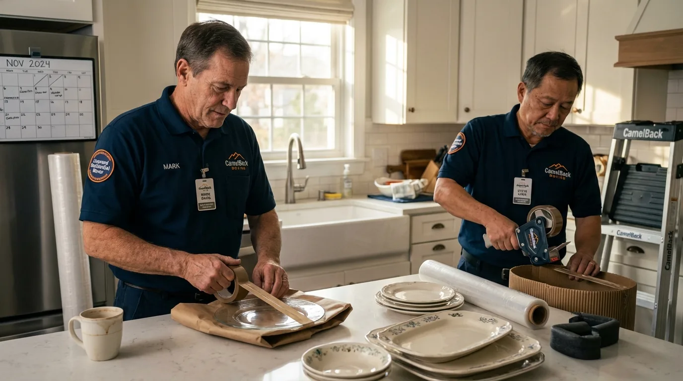 Professional crew packing kitchen dishware in Brookville, OH